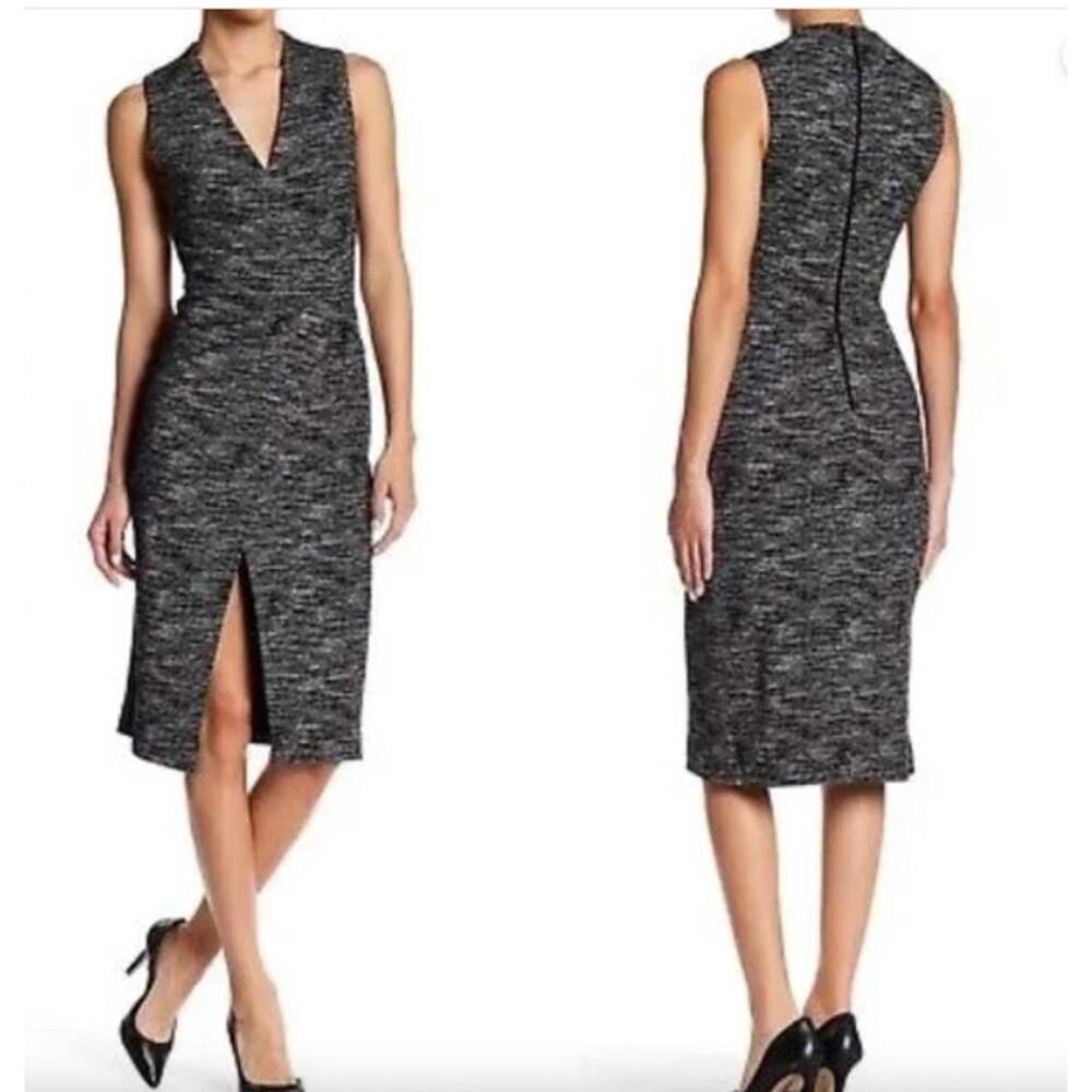 Alice + Olivia Black and Gray Sleeveless V-Neck Midi Sheath Dress